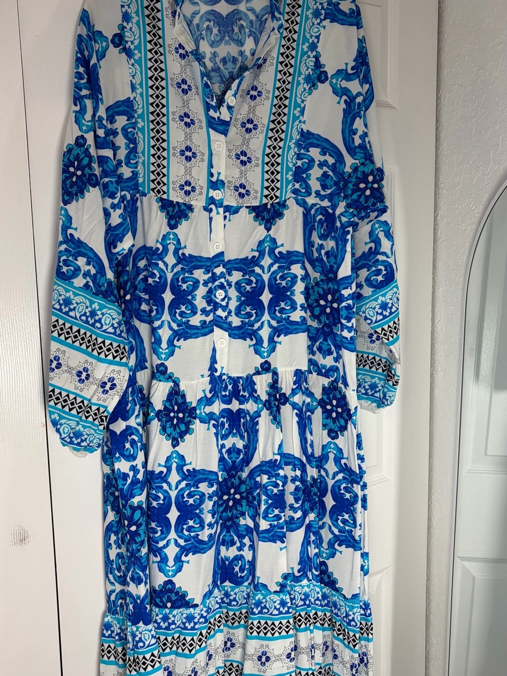 H&M White and Blue Printed Maxi Dress